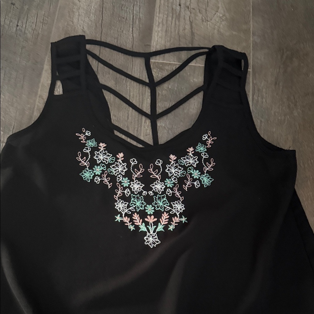 Women’s Black Strappy Tank Top with Pastel Floral Embroidery